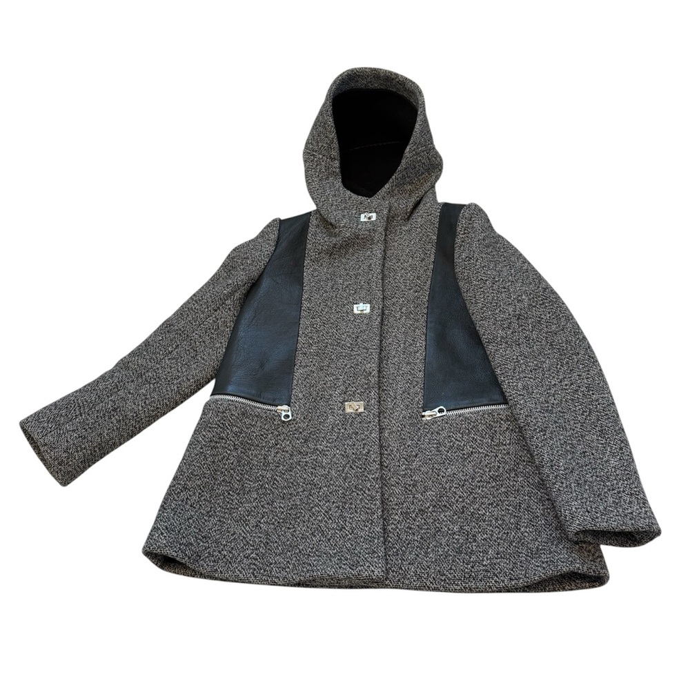Sandro Paris 36 wool cowhide leather peacoat jacket grey black tweed luxury fall - Picture 1 of 12